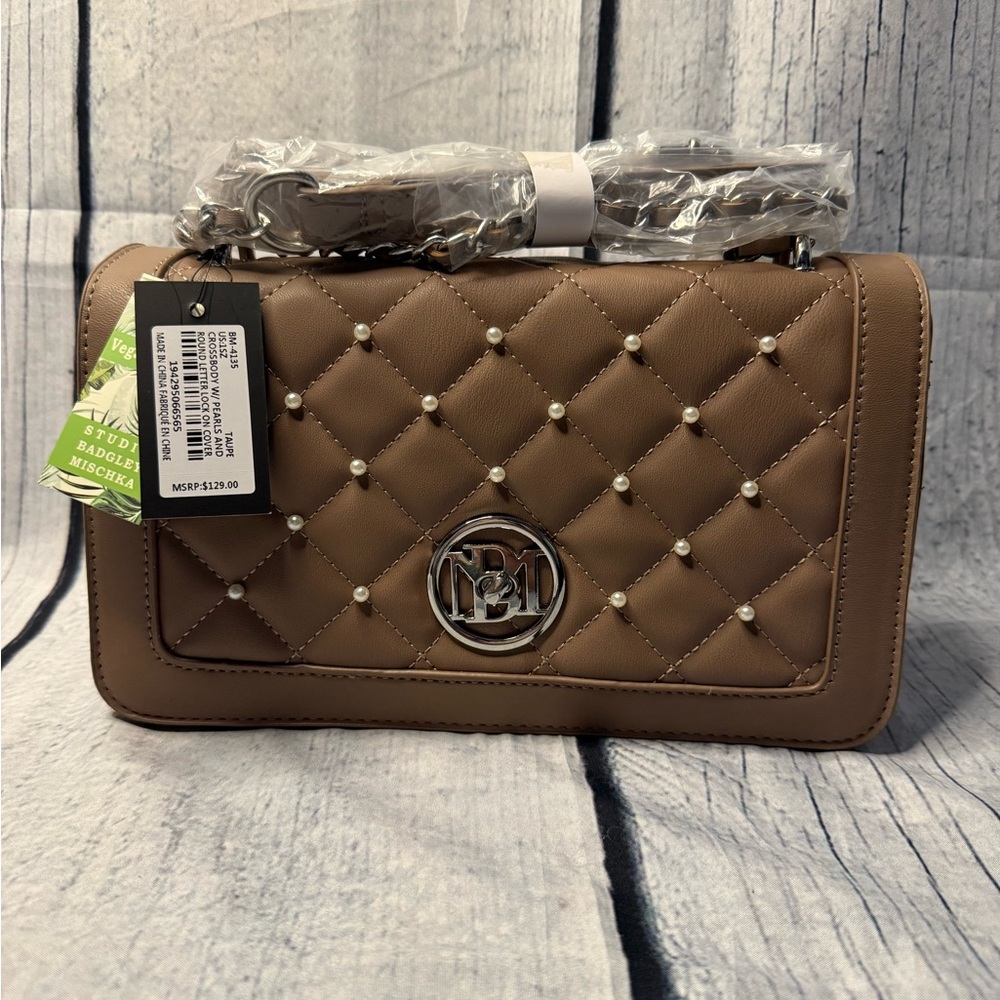 Badgley Mischka Brown Quilted Crossbody Bag with Metallic Details